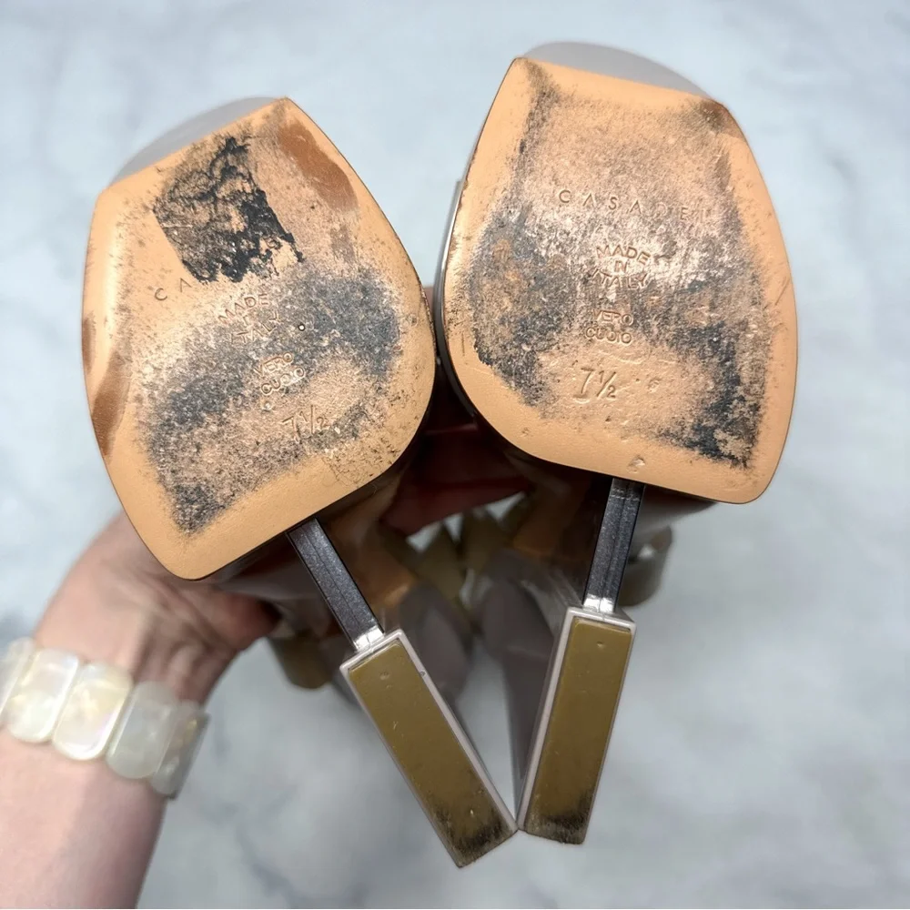 CASADEI Vintage Y2K Sky High Chunky Platform Patent Leather T Strap Sandal Heels